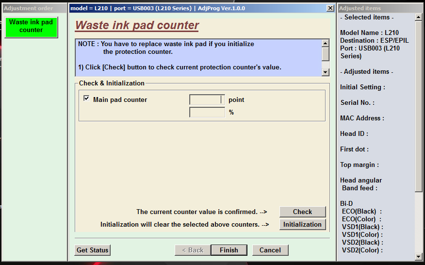 Waste ink pad counter