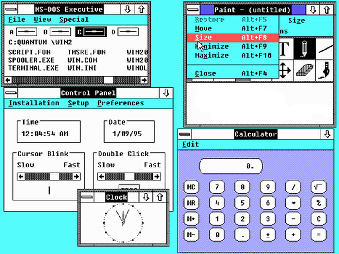 Windows 2.03 рабочий стол с приложениями (1987) Windows 2.03 рабочий стол с приложениями (1987)