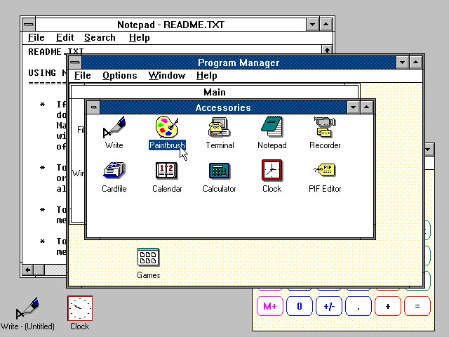 Windows 3.0 рабочий стол с приложениями (1990) Windows 3.0 рабочий стол с приложениями (1990)