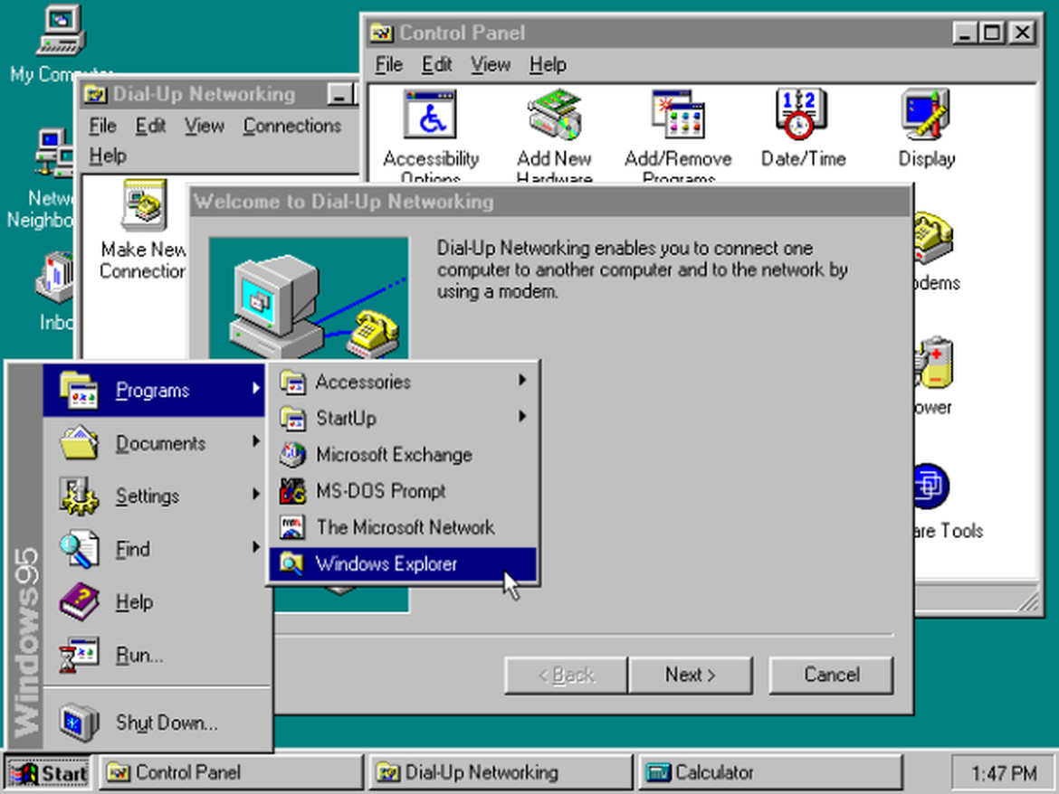 Windows 95 рабочий стол с приложениями (1995) Windows 95 рабочий стол с приложениями (1995)