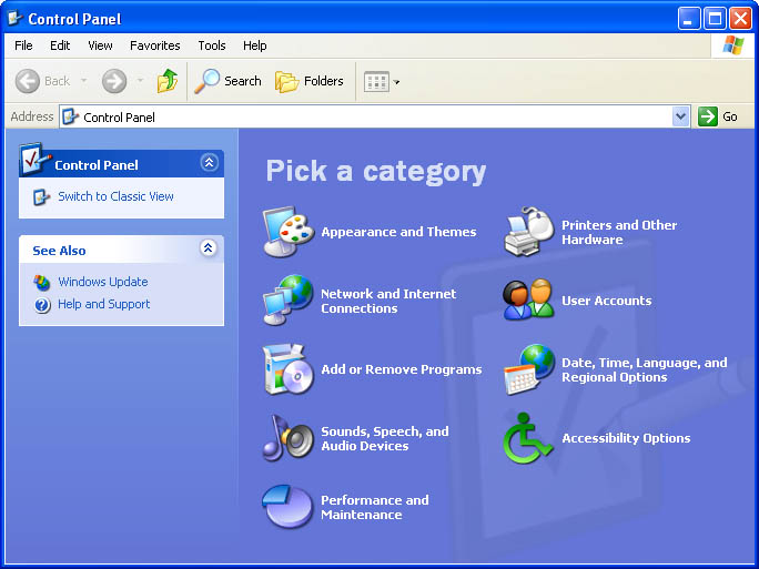 Windows XP панель управления (2001) Windows XP панель управления (2001)