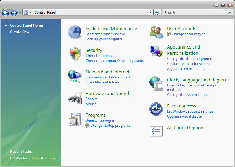 Windows Vista панель управления (2006) Windows Vista панель управления (2006)