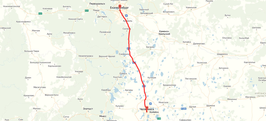 Карта Челябинск-Екатеринбург Карта Челябинск-Екатеринбург